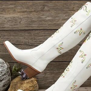 NEW Women's Floral Embroidered Cowboy Boots White Pink Size 42